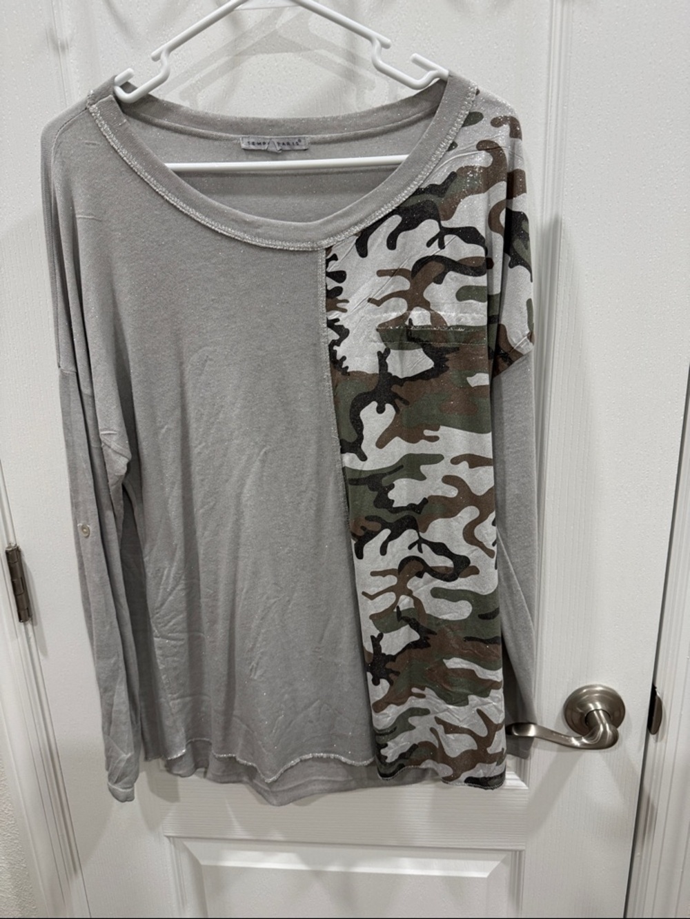 Tempo Paris Gray Long Sleeve Tee with Camo Panel